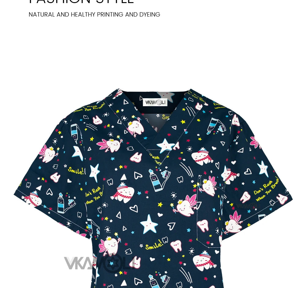 Cartoon print scrub top with short sleeves, V neckline, featuring playful designs for medical professionals, available in multiple sizes.