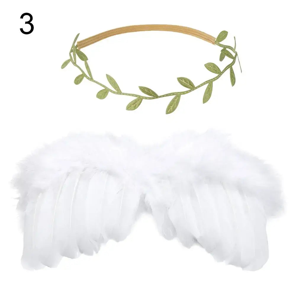 Cute newborn angel feather wings and leafy headband for baby girl photo props.