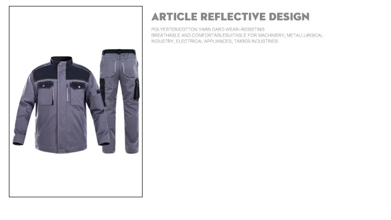 Reflective design work uniform set, durable polyester-cotton, suitable for various industries.