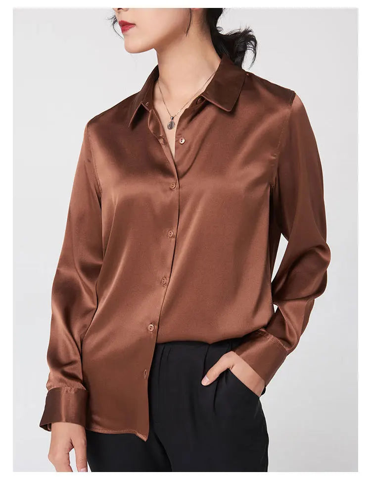 SatinGrace™ Long Sleeve Silk Shirt in brown, featuring a V-neck and single breasted design, ideal for women.