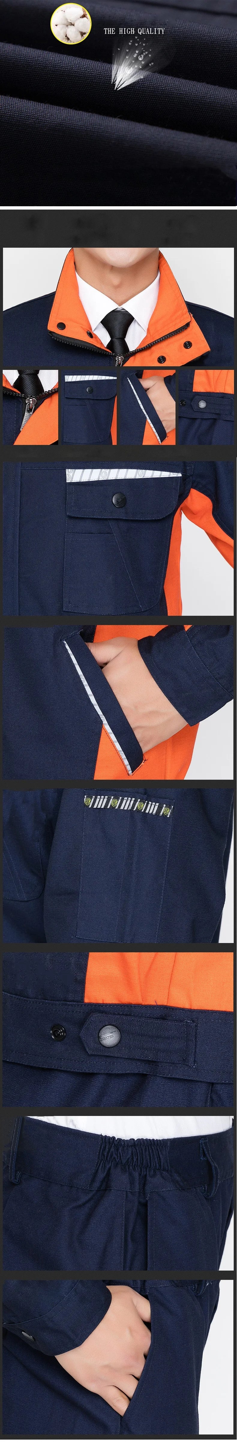 Close-up view of durable navy and orange work clothing set for men and women, featuring utility pockets and safe materials.