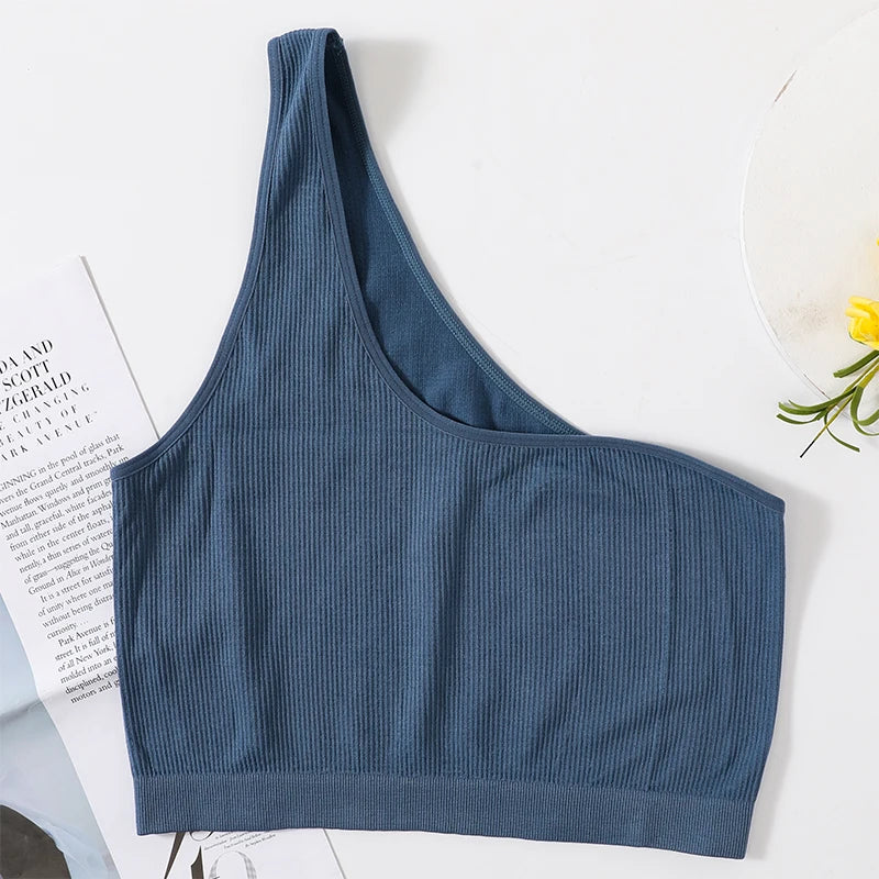 MonoSculpt™ one-shoulder seamless crop top in blue, stylish streetwear-inspired design for women.