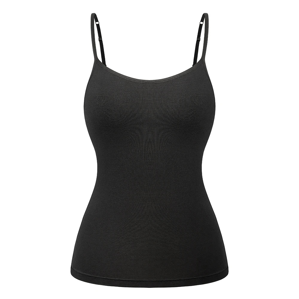 ShapeEase™ black camisole with adjustable straps and built-in padded bra, perfect for comfort and style.