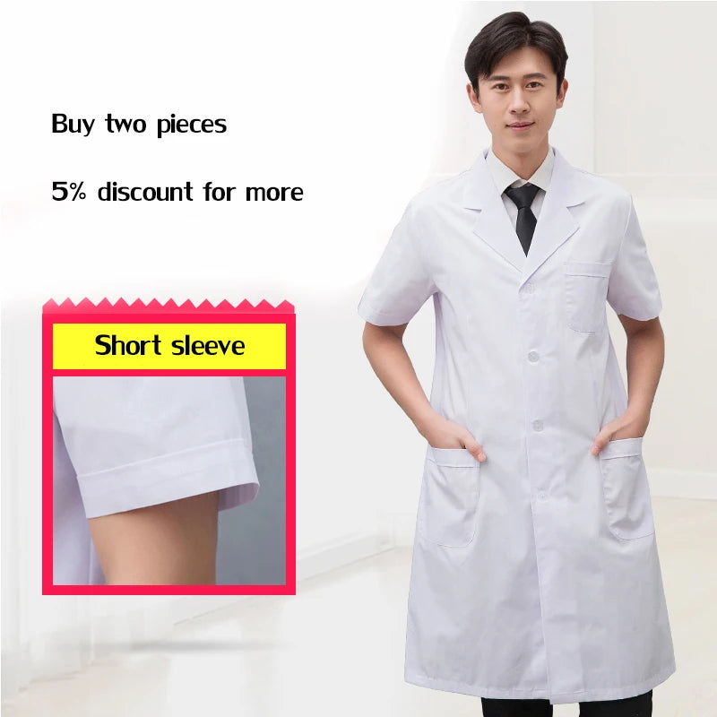White short sleeve lab coat for men with button pocket, suitable for medical professionals, cotton-polyester fabric.