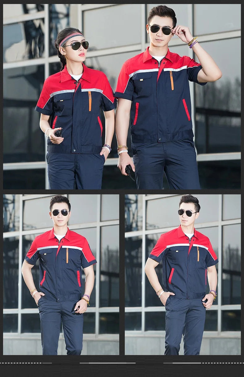 Summer working uniforms for men and women in short-sleeve, breathable coveralls, perfect for auto repair and mechanics.