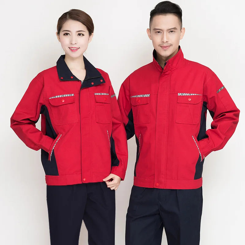 Men and women wearing durable red workshop overall jackets, showcasing utility and safety work clothing in a clean design.