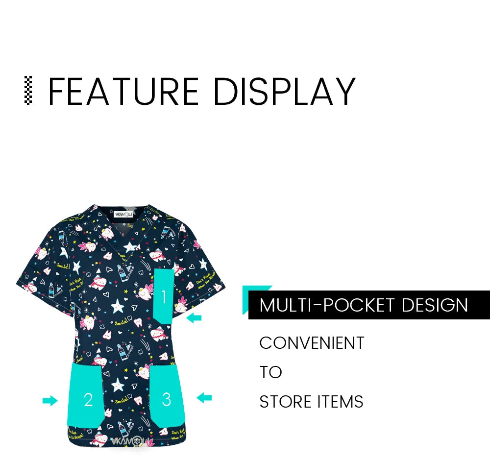 Cartoon print scrub top with multi-pocket design for convenient storage, available in various sizes and colors.
