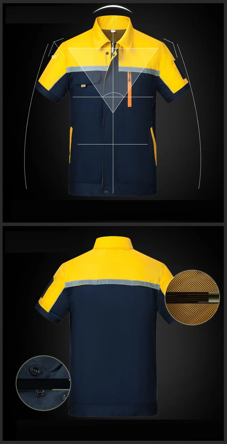 Short-sleeve working uniform for men and women, featuring breathable fabric and utility pockets, designed for auto repair and maintenance.