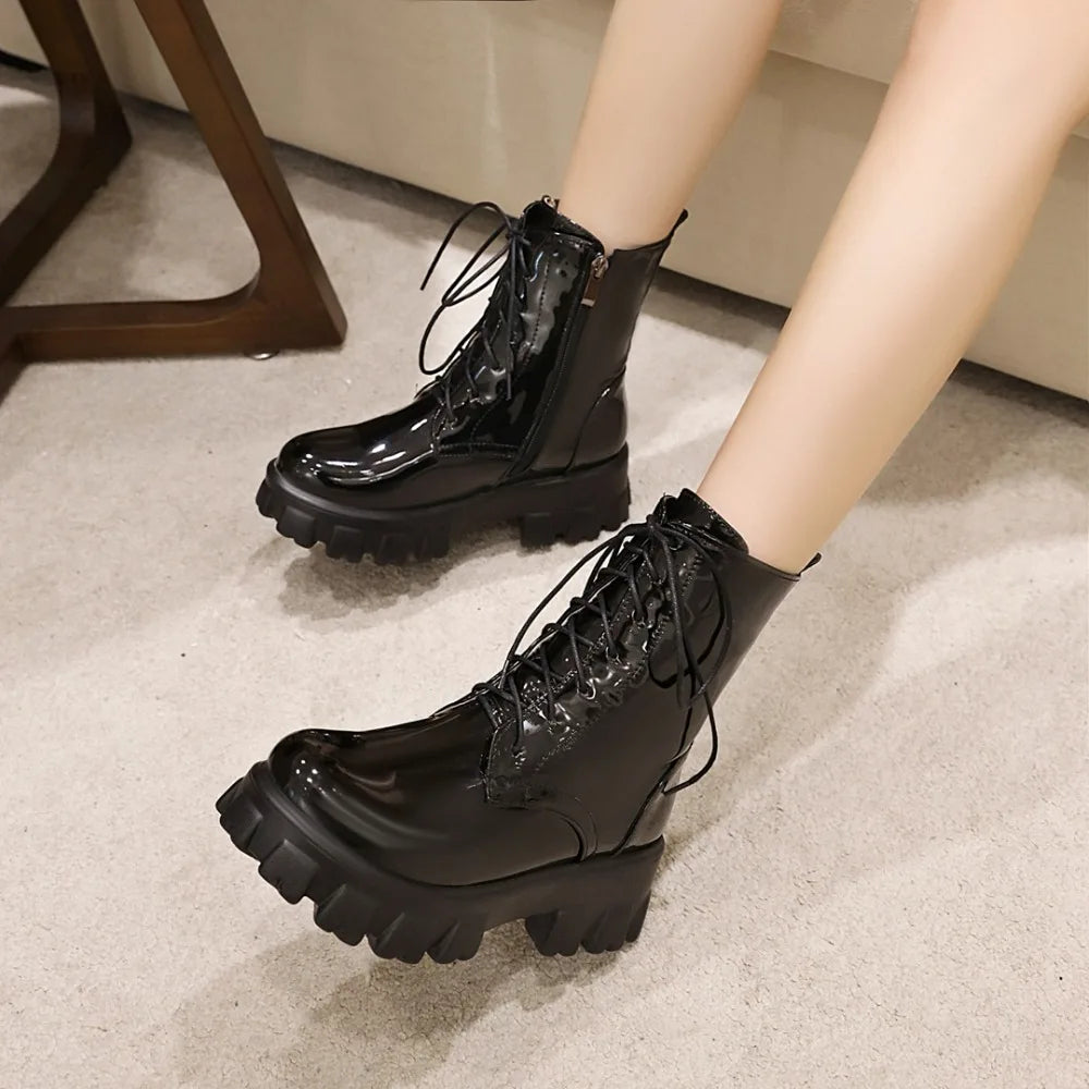 Women Patent Leather Platform Ankle Boots – High Heel Autumn Winter