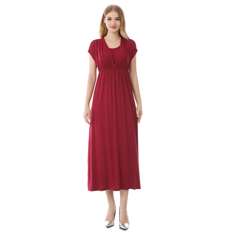 Soft fabric maternity nursing dress in burgundy, featuring a flattering V-neck and mid-calf length, perfect for breastfeeding.
