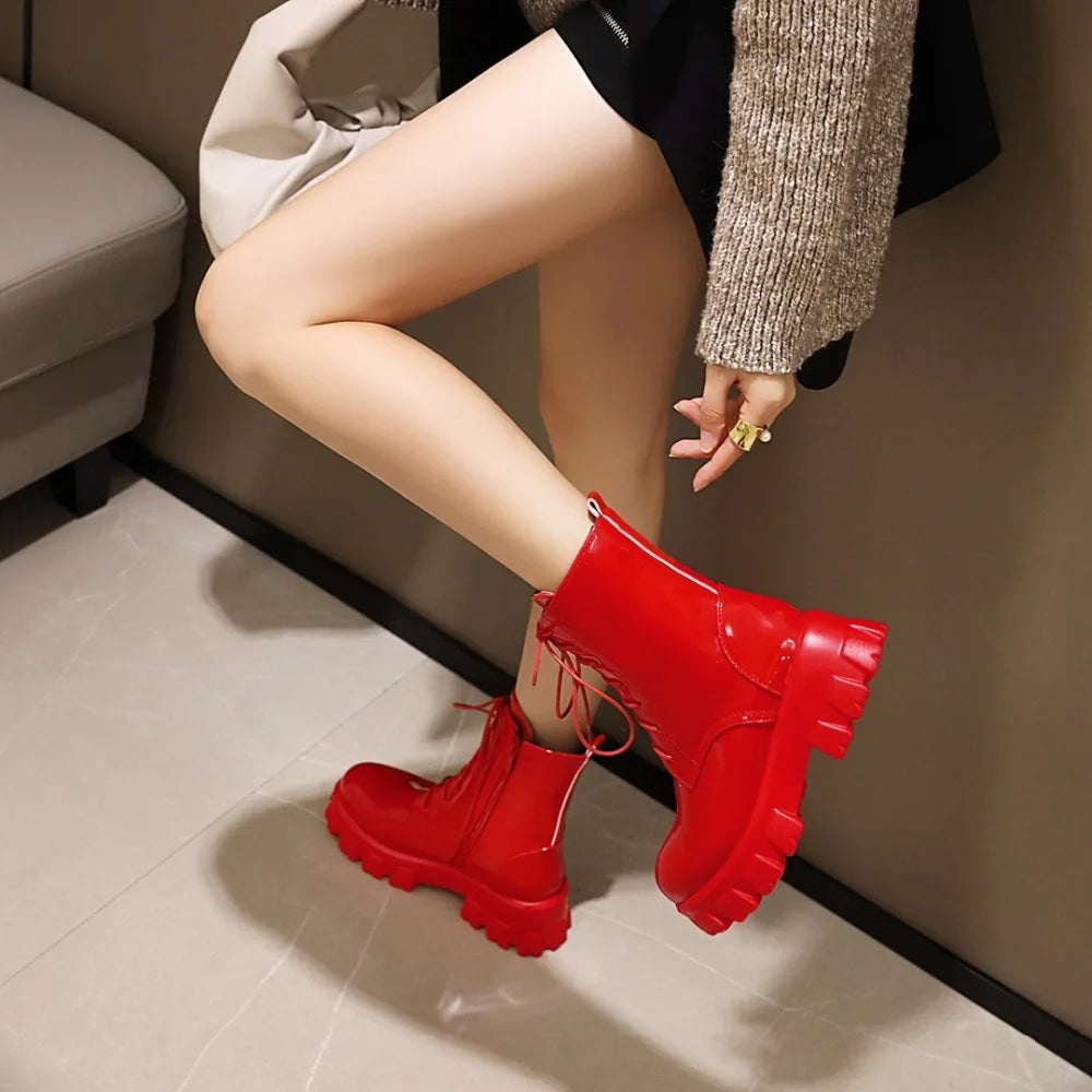 Women Patent Leather Platform Ankle Boots – High Heel Autumn Winter