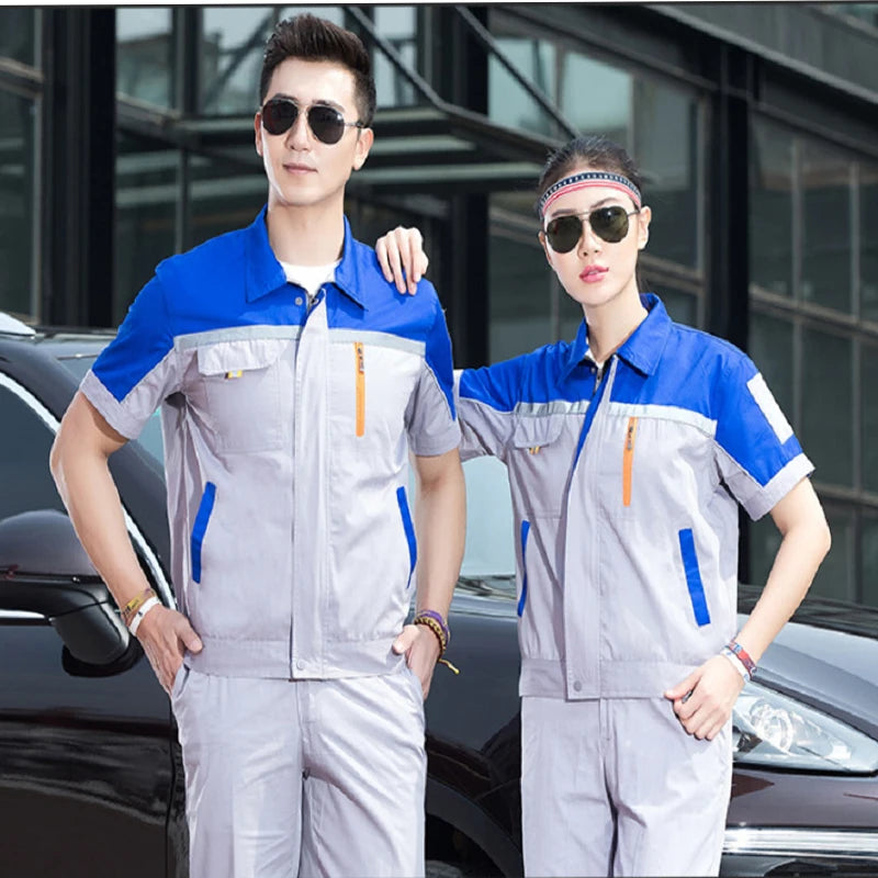 Unisex summer working uniforms in grey and blue, featuring short sleeves, ideal for mechanics and auto repair.