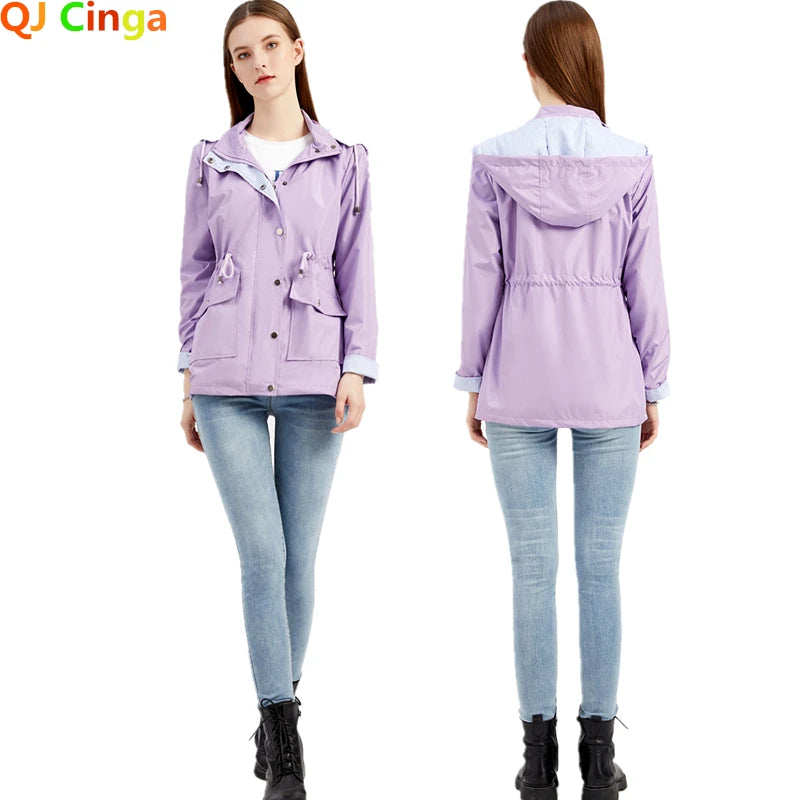 Purple Hooded Waterproof Women's Jacket – Spring Office Outerwear