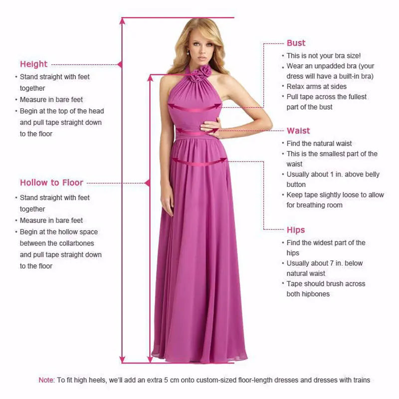 Measurement guide for bridesmaid dress featuring bust, waist, and hip sizing tips on a model in a pink halter dress.