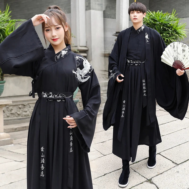 Han Dynasty couple costume featuring a swordsman outfit in black, designed for adults, made of cotton and polyester.