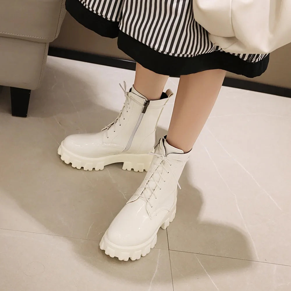 Women Patent Leather Platform Ankle Boots – High Heel Autumn Winter