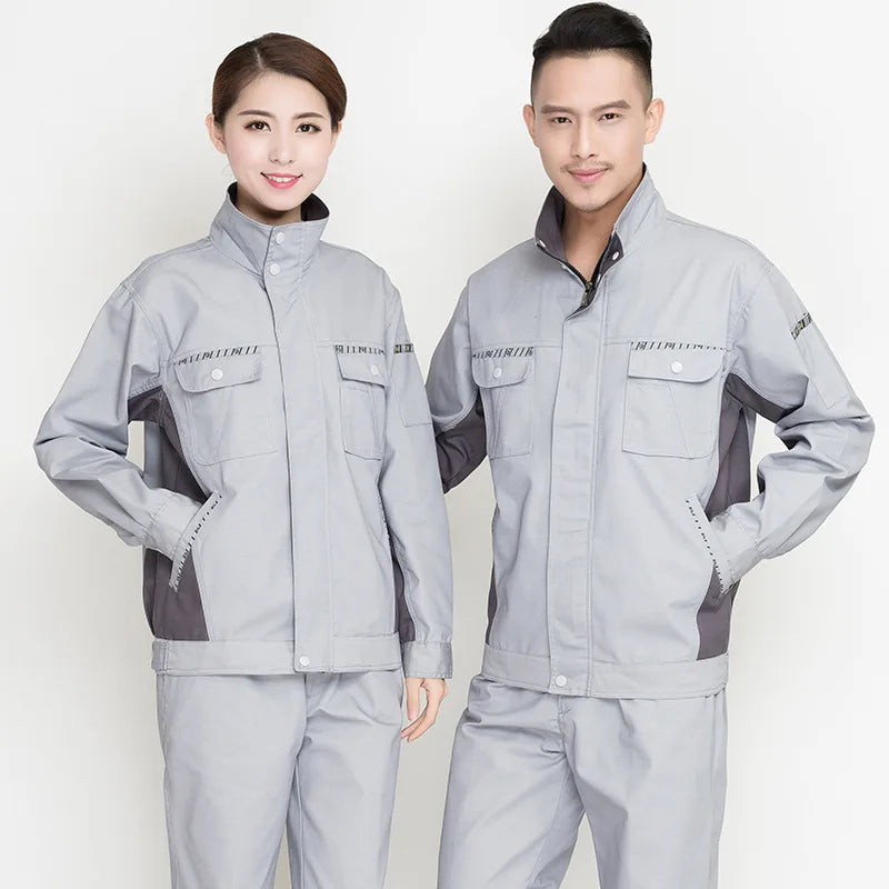 Unisex durable workshop overall set for men and women in grey, featuring windproof fabric and utility pockets.