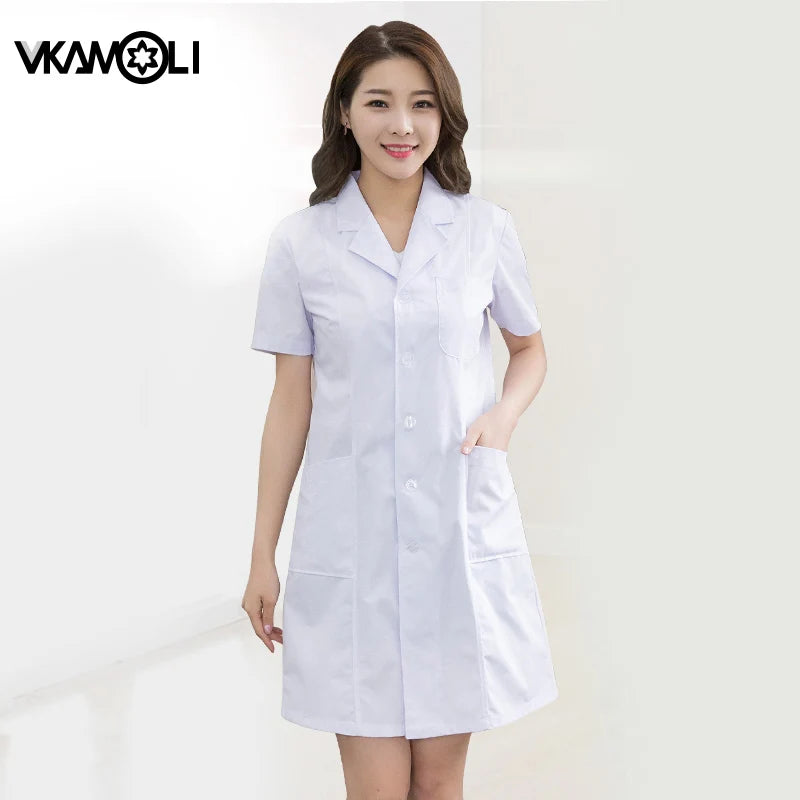 Short sleeve white lab coat for women, featuring button pockets, suitable for medical work or uniforms.