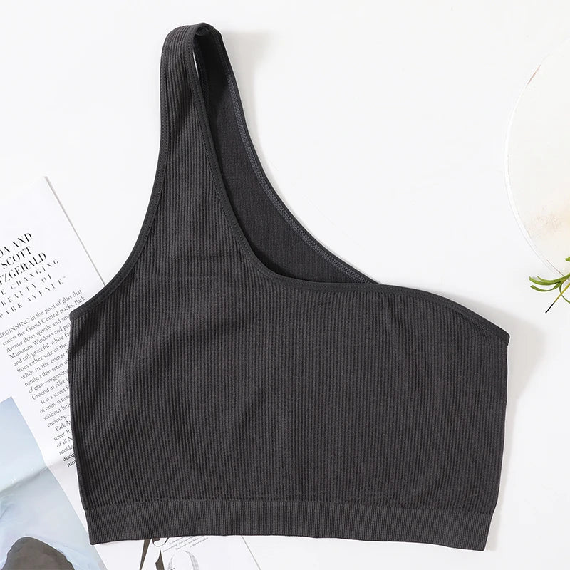 MonoSculpt™ one-shoulder seamless crop top in black, featuring a sleek and sexy fit for streetwear-inspired styles.