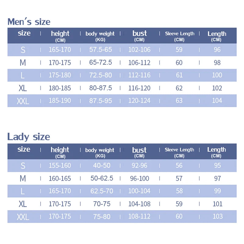 Men's and women's size chart for lab coats, showing measurements for height, weight, bust, sleeve length, and overall length.