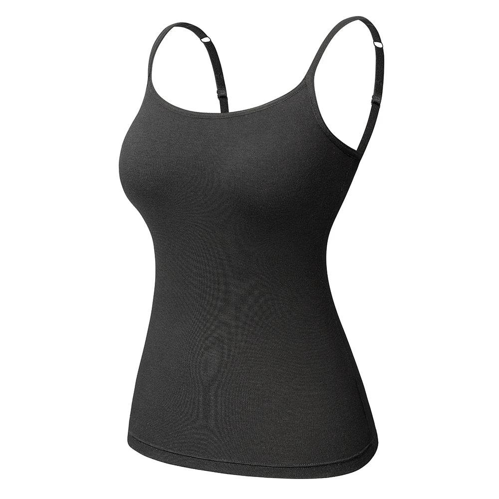 ShapeEase™ Black Built-in Shelf Bra Camisole with Adjustable Straps and Medium Stretch Fabric