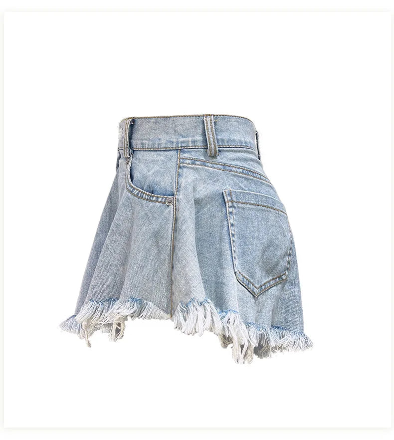 Women High Waist Loose Tassel Denim Shorts