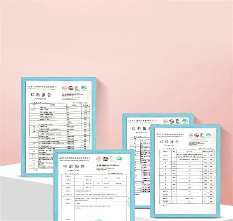 Four inspection reports displayed in blue frames on a light pink background.
