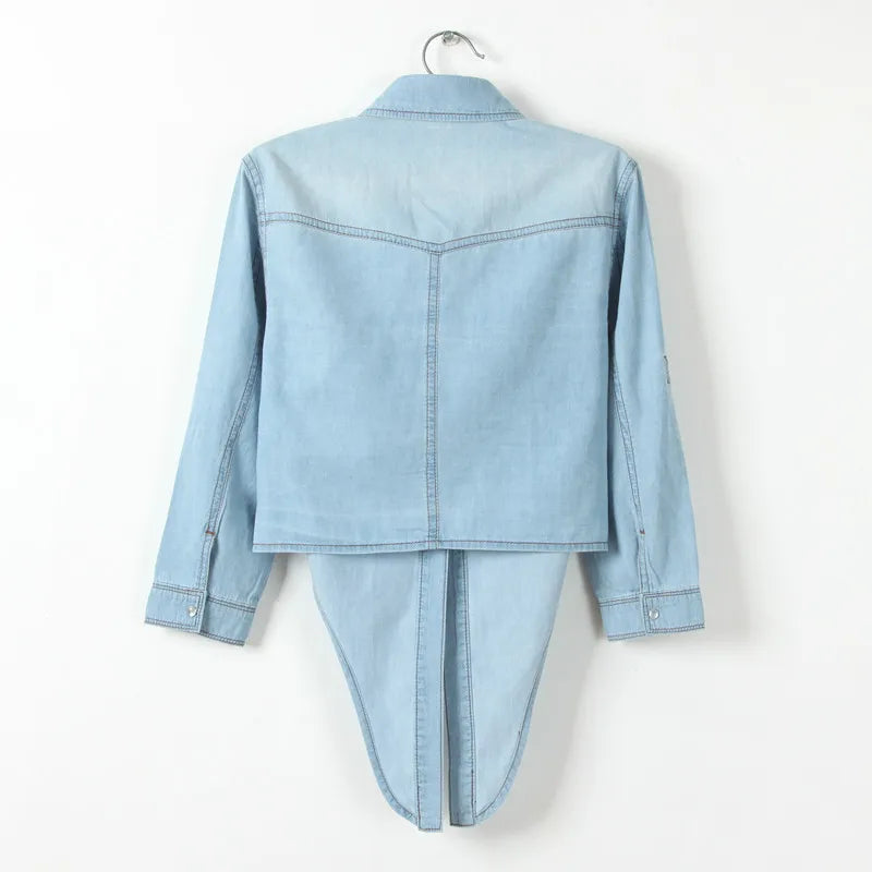 Back view of DenimDrape™ short sleeve kimono shirt in light blue denim, showcased on a hanger.