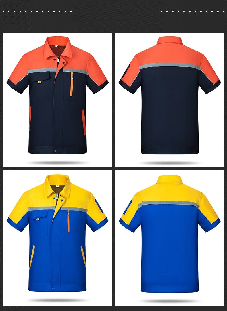 Colorful summer short-sleeve working uniforms for men and women, featuring breathable fabric and multiple pockets in various designs.