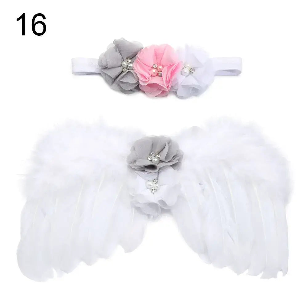 Cute newborn angel wings with pink and gray flower headband, perfect for baby girl photo shoots. Unisex baby accessory.