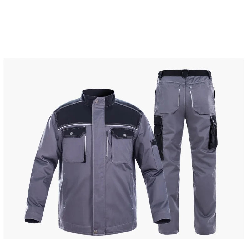 Reflective welding suit featuring windproof, flame retardant jacket and pants, designed for utility and safety in work environments.