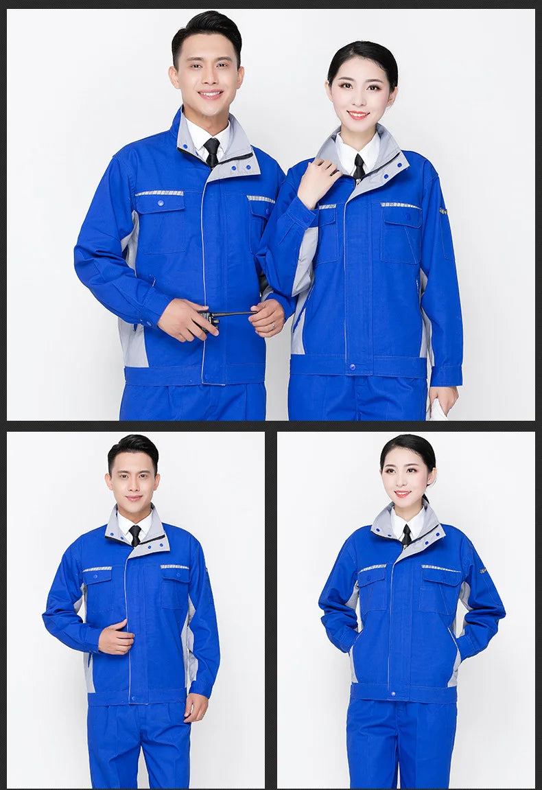 Men and women wearing durable blue workshop overalls, designed for utility and safety in various work environments.