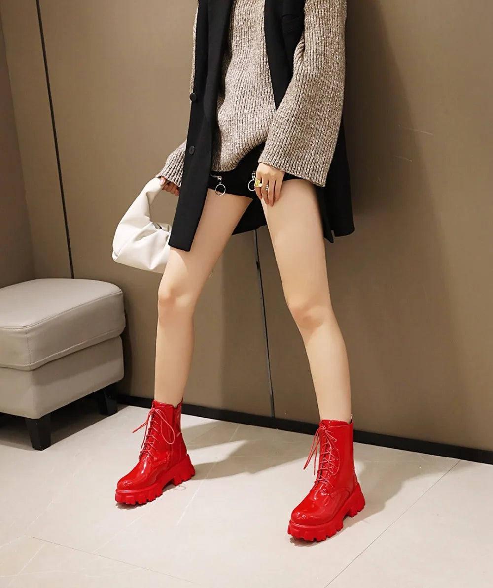 Women Patent Leather Platform Ankle Boots – High Heel Autumn Winter