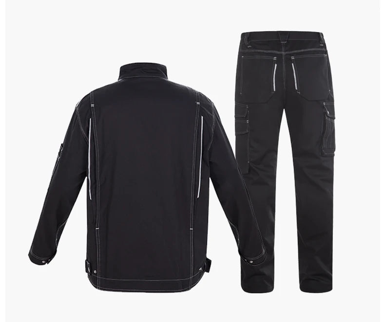 Reflective black welding suit set with a jacket and pants, designed for durability and safety in work environments.