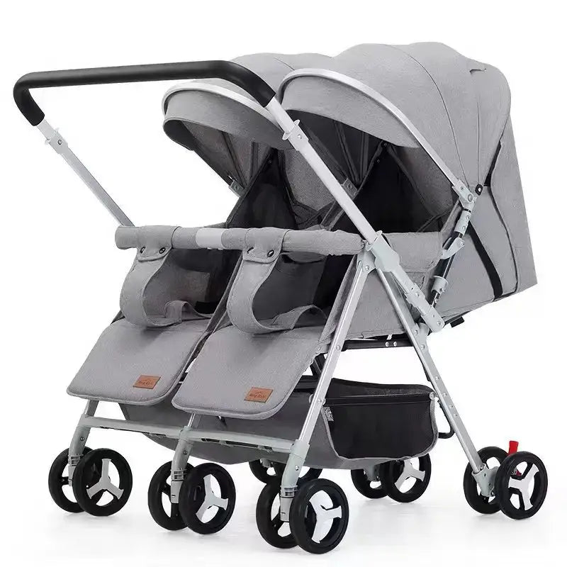 2025 New Twin Baby Stroller in gray with dual seats, foldable design, ideal for ages 0-3 years, lightweight aluminum frame.