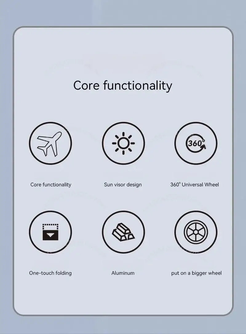 Infographic illustrating core functionalities of a lightweight baby stroller: sun visor, 360° wheels, one-touch folding, aluminum frame.