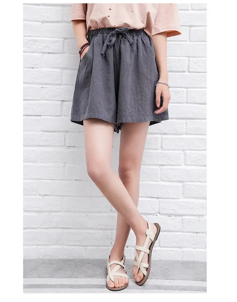 Women Cotton Linen High Waist Shorts
