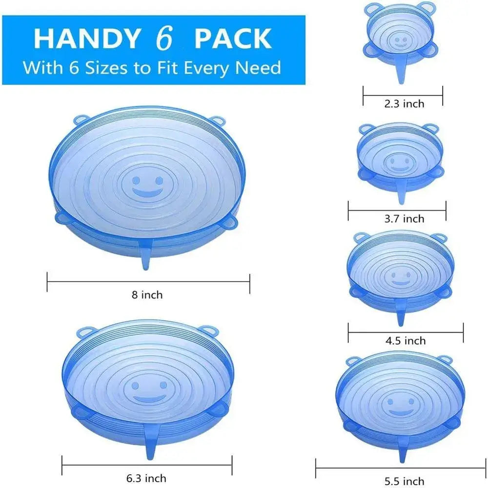 6 Pcs Silicone Stretch Lids in various sizes for kitchen use, perfect for covering bowls and microwaving.