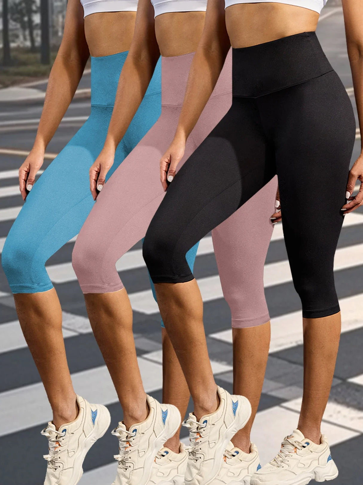 مجموعة من 3 بنطلونات يوجا كابري عالية الخصر للنساء