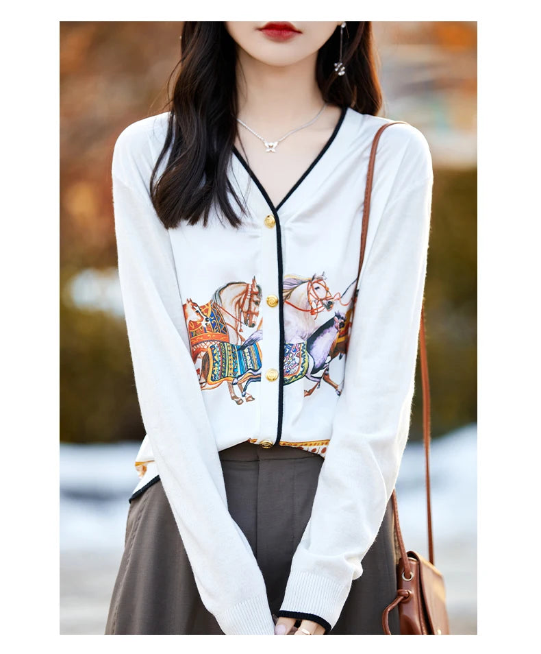 Women's Printed Stitching Wool Cardigan