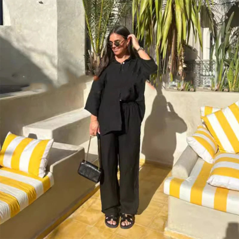 طقم بنطال نسائي من القطن بقصة واسعة