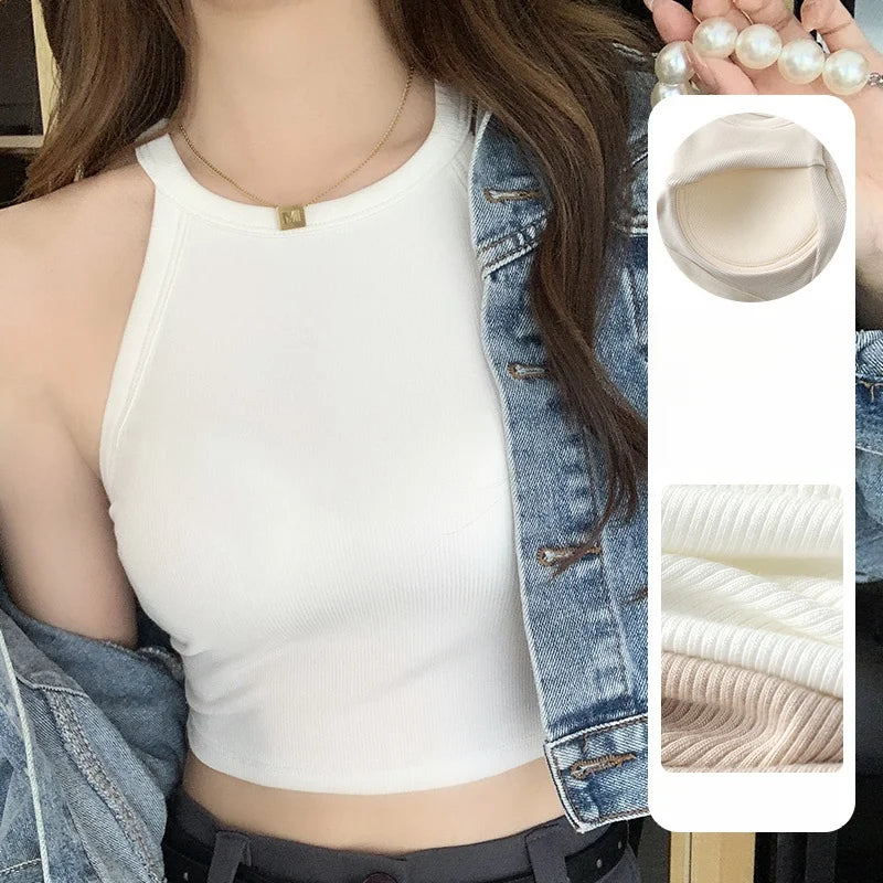 CotPad™ Knitted Beauty Back Camisole in white, featuring soft cotton comfort and stylish design with a denim jacket.