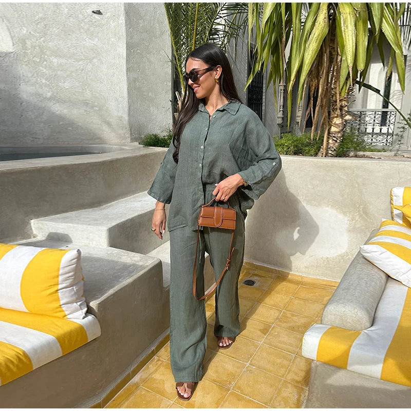 طقم بنطال نسائي من القطن بقصة واسعة