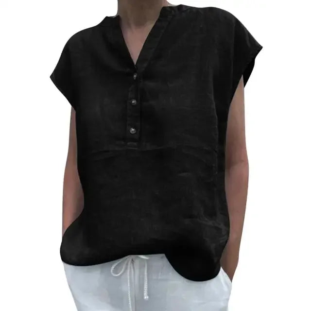 BreezyLuxe Cotton Linen V-Neck Blouse in black, featuring button closure and short sleeves, ideal for summer wear.