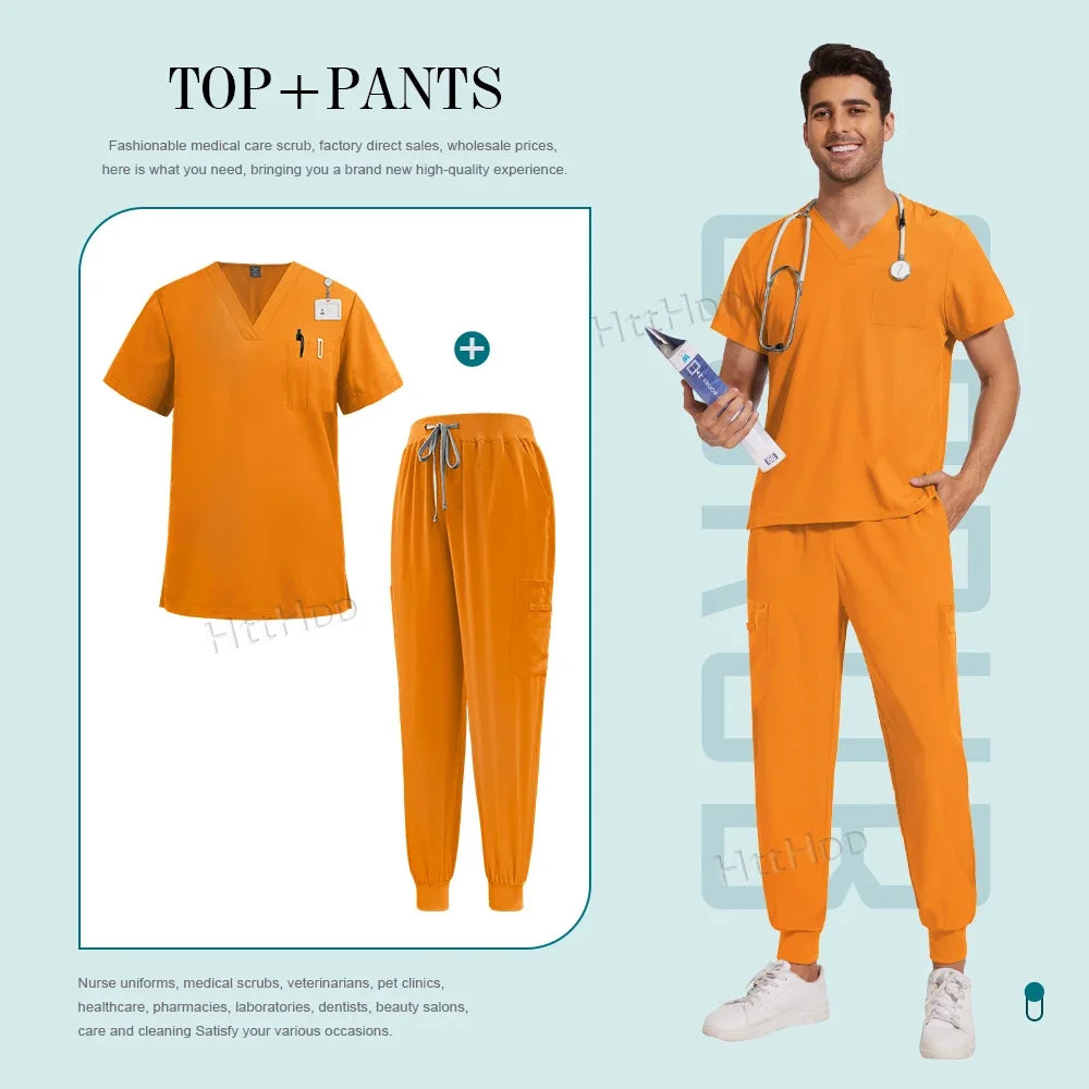 Unisex nurse surgical scrub suit jogger set in vibrant orange, ideal for medical and healthcare professions.