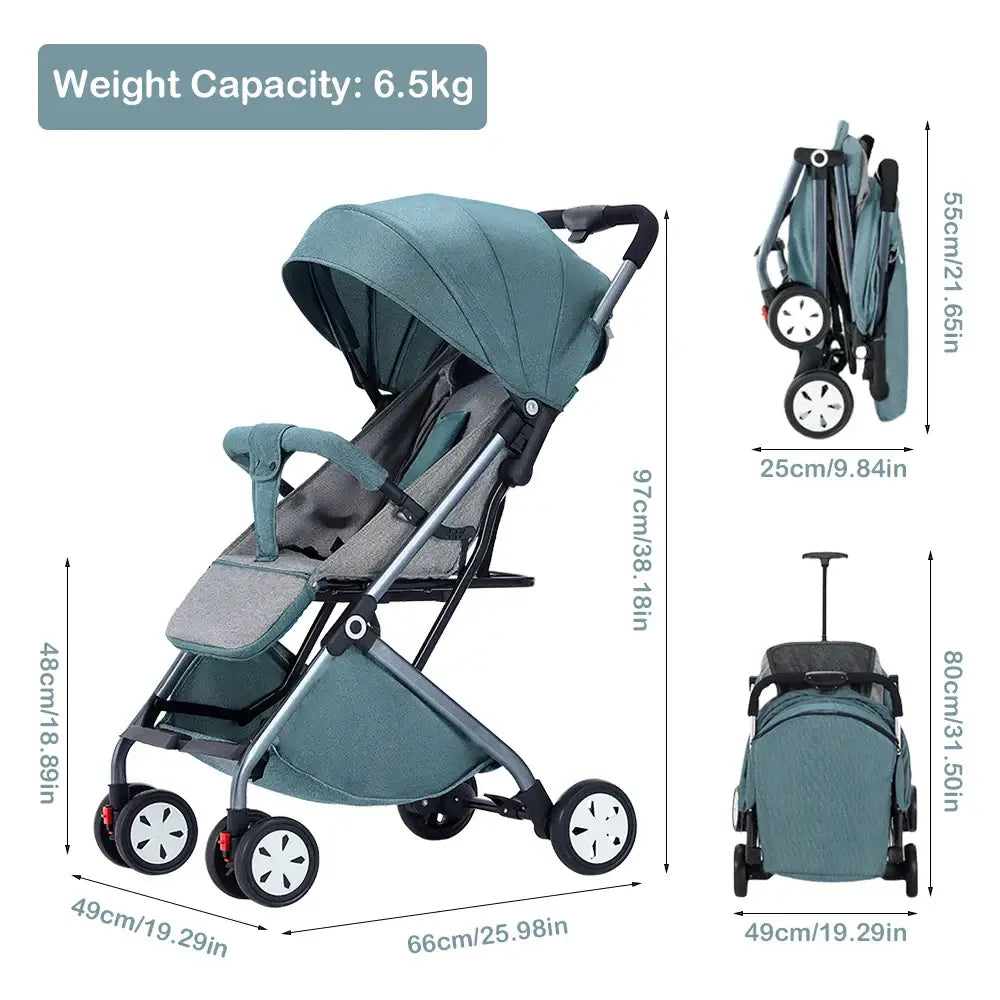 Lightweight baby stroller with weight capacity of 6.5kg, foldable design, and dimensions for easy transport and storage.