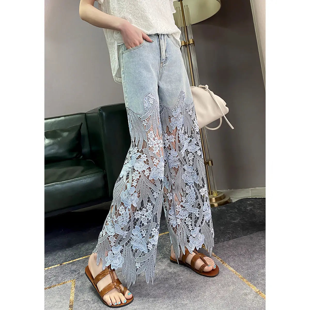 Women Floral Hollow Out Vintage Jeans