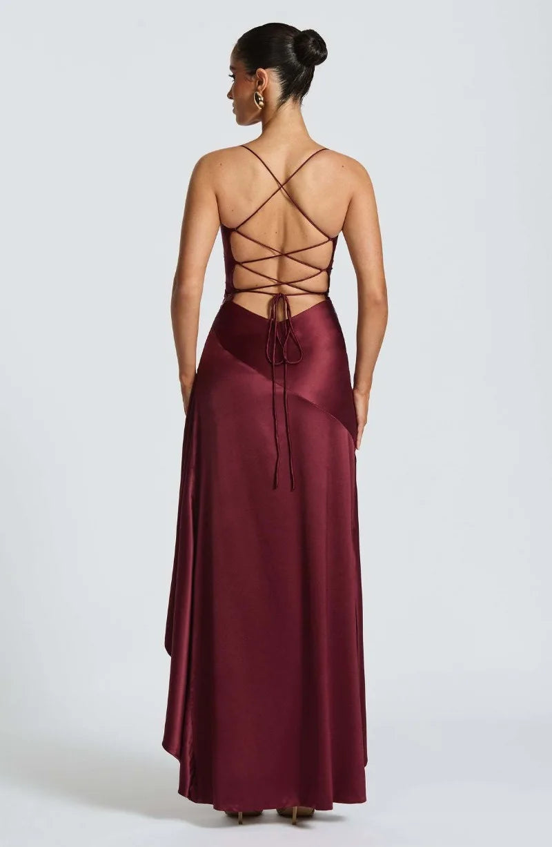 Women's Satin Lace-Up Maxi Dress