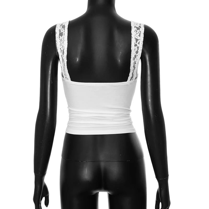 Back view of a Lace Strap Pleated Camisole Tank Top featuring lace straps and a fitted knit design.