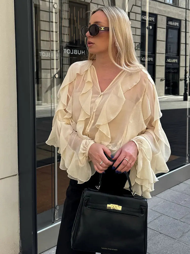 Rufflynn™ – Translucent Ruffle Blouse (V-Neck, Hollow-Out Chic for Spring/Summer)